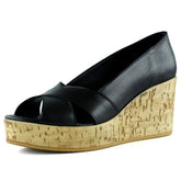 Astrid Siyah Hakiki Deri Çapraz Bantlı Mantar Taban Görünümlü Dolgu Topuklu Sandalet