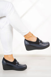 Catherine Lacivert Hakiki Deri Dolgu Topuklu Streç Günlük Ayakkabı