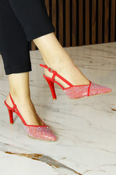 Sacha Exclusive Kırmızı Krep Taşlı Arkası Açık Sivri Burun İnce Topuklu Abiye Ayakkabı