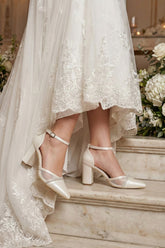 Molly Sedef Vegan Sivri Burun Taşlı Fileli Kalın Topuklu Abiye Gelin Ayakkabısı