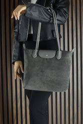 (VSN5017OC) Gri Hakiki Dana Süet Fermuarlı Manyetik Kapaklı Büyük Boy Günlük Omuz Çantası