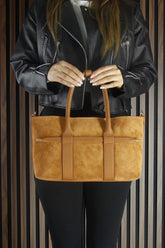 (VSN5014OC) Taba Hakiki Dana Süet Fermuarlı Üç Bölmeli İç Cepli Askılı Orta Boy Günlük Omuz Çantası