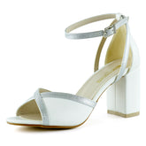 Charlotte Beyaz Gümüş Çapraz Bantlı Kalın Topuklu Zarif Abiye Gelin Ayakkabısı