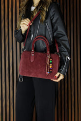 (VSN5011OC) Bordo Hakiki Dana Süet Fermuarlı İç Cepli Askılı Boncuk Aksesuarlı Günlük Büyük Boy Omuz Çantası