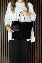 (VSN5010OC) Siyah Hakiki Dana Süet Manyetik Kapaklı İç Cepli Askılı Günlük Büyük Boy Omuz Çantası ve Cüzdanı