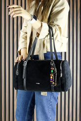 (VSN5020OC) Siyah Hakiki Dana Süet Fermuarlı Üç Bölmeli Boncuk Aksesuarlı Günlük Büyük Boy Omuz Çantası