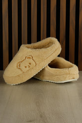 Clara Cappuccino Pelüş - DAR KALIP - Ayıcık Desenli Kalın Düz Tabanlı Sessiz Kadın Ev Terliği