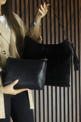 (VSN5016OC) Siyah Hakiki Dana Süet Püsküllü Manyetik Kapaklı Büyük Boy Günlük Omuz Çantası ve El Çantası