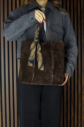 (VSN5013OC) Kahve Hakiki Dana Süet Manyetik Kapaklı Fermuarlı İç Cepli Askılı Büyük Boy Günlük Omuz Çantası