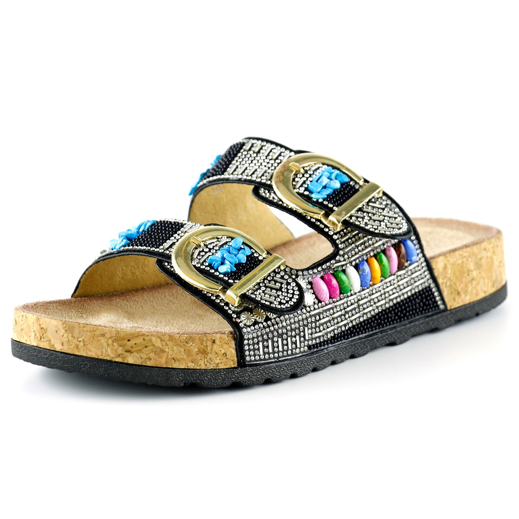 [7048] Siyah Sabit Çift Bantlı Renkli Taşlı Boncuklu Mantar Taban Görünümlü Terlik