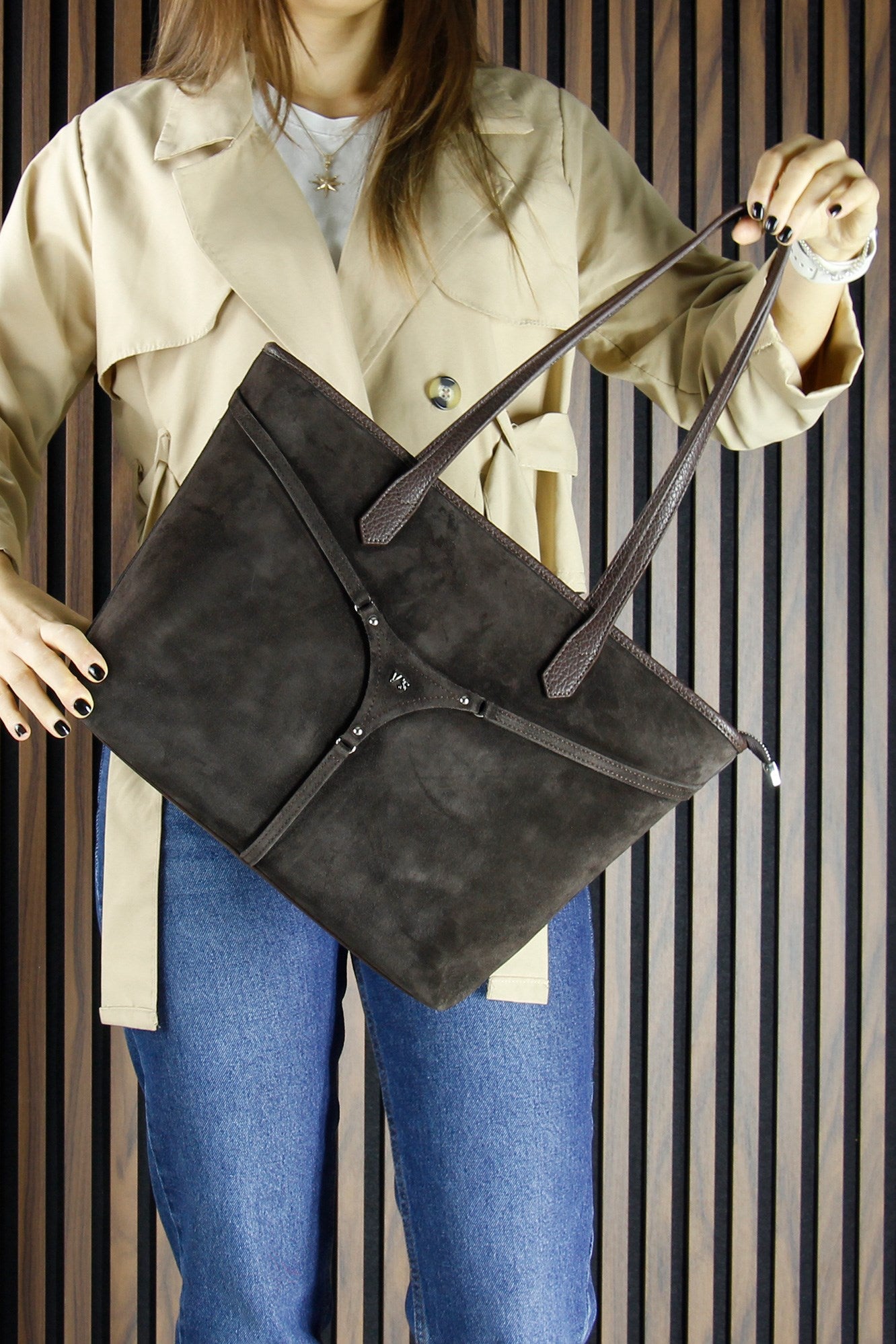 (VSN5018OC) Kahve Hakiki Dana Süet Fermuarlı Üç Bölmeli İç Cepli Büyük Boy Günlük Omuz Çantası