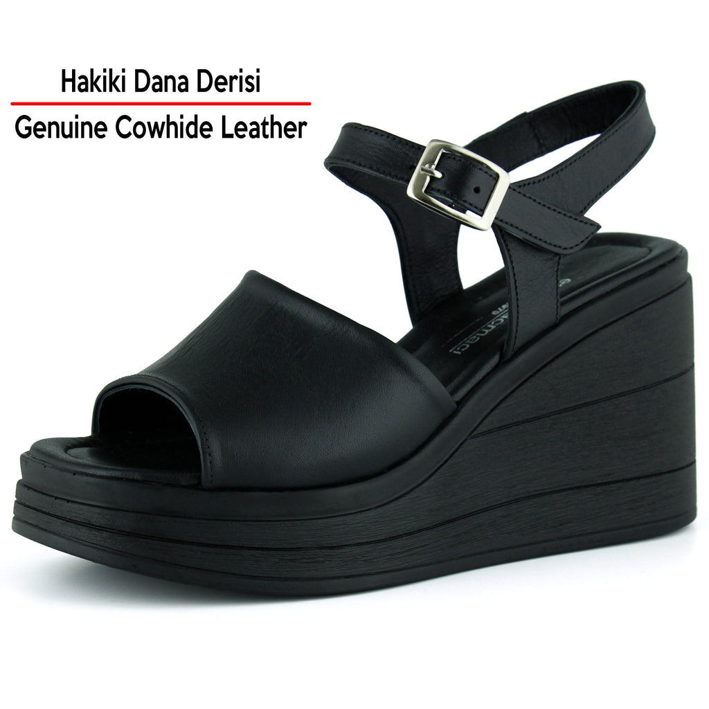 Artemis Siyah Hakiki Dana Derisi Lastik Tokalı Dolgu Topuklu Sandalet