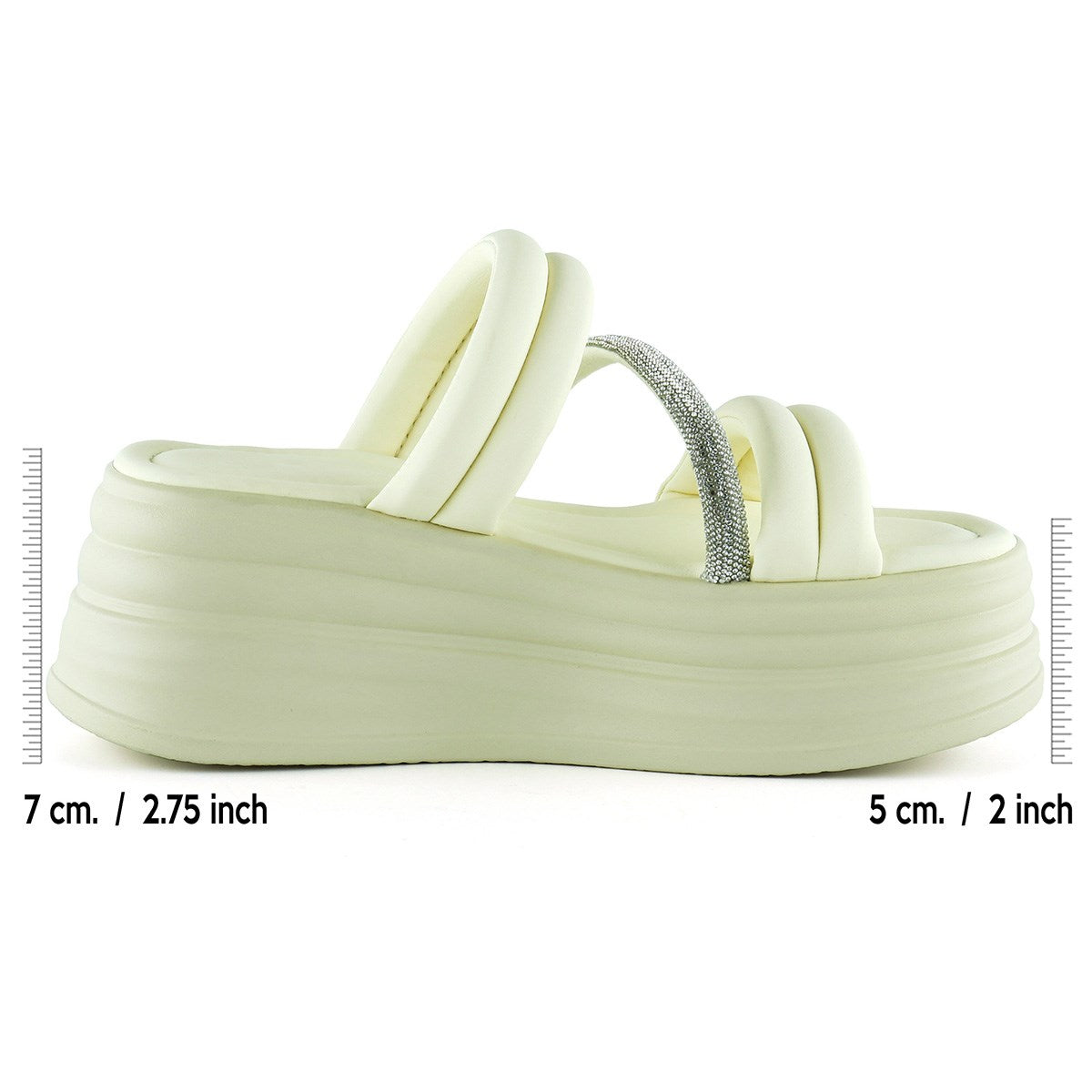 [7028] Bej Dolgu Taban Gümüş Taşlı Bantlı Platform Terlik