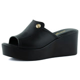 Tilda Siyah Hakiki Dana Derisi Metal Düğme Detaylı Önü Açık Dolgu Topuklu Terlik