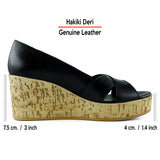 Astrid Siyah Hakiki Deri Çapraz Bantlı Mantar Taban Görünümlü Dolgu Topuklu Sandalet