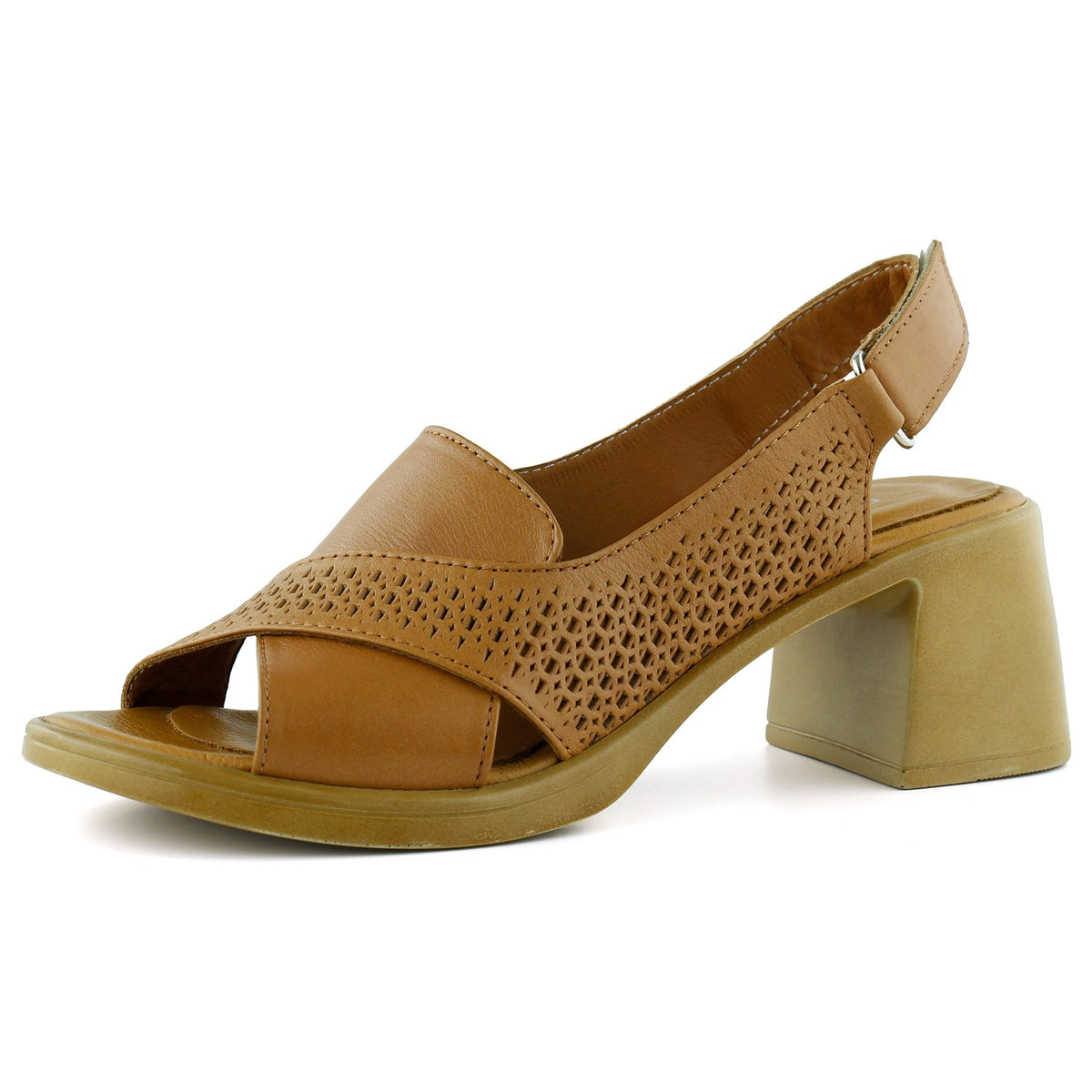 Seras Taba Hakiki Dana Derisi Çapraz Bantlı Delik Detaylı Cırt Bantlı Kalın Topuklu Günlük Sandalet