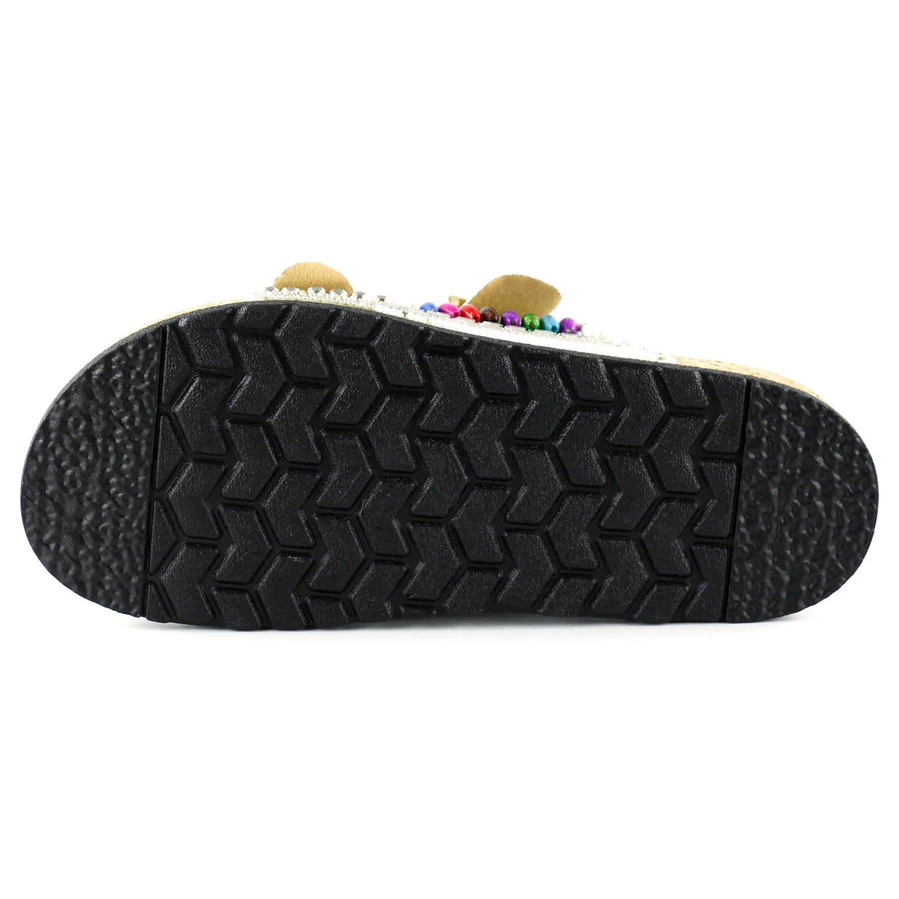 [7048] Beyaz Sabit Çift Bantlı Renkli Taşlı Boncuklu Mantar Taban Görünümlü Terlik