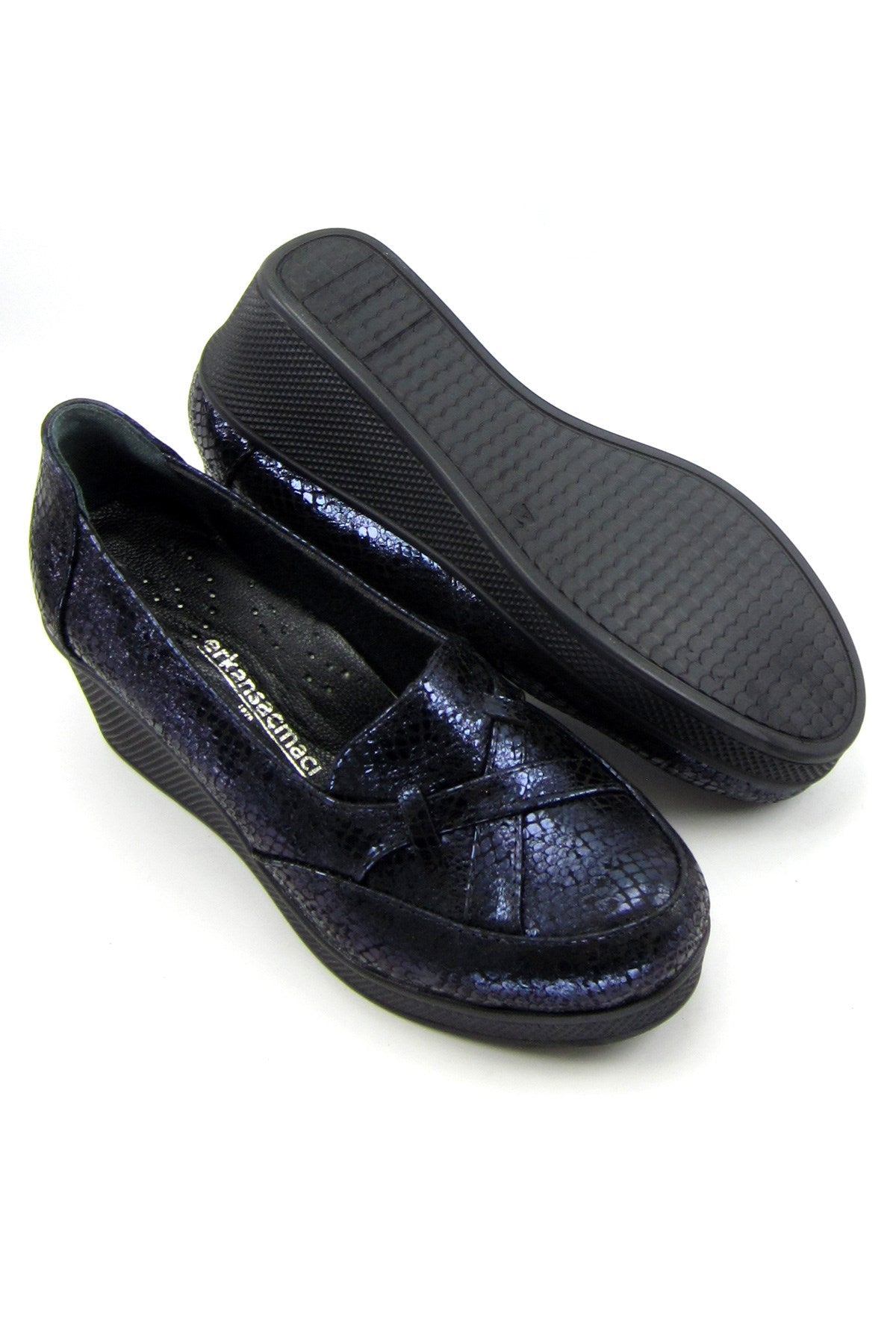 Shay Lacivert Yılan Hakiki Deri Çapraz Bant Detaylı Dolgu Topuklu Günlük Ayakkabı