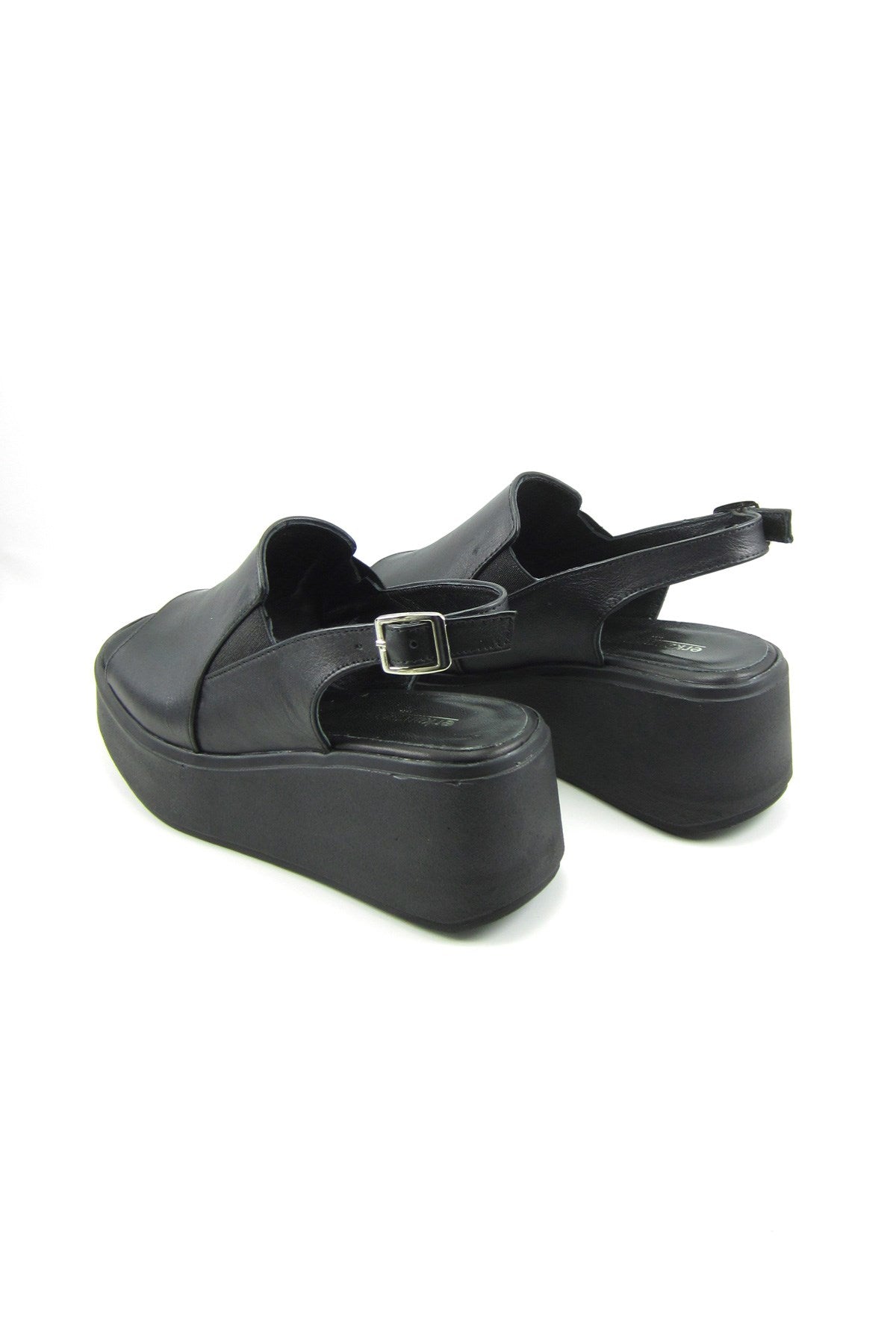 Aliyah Siyah Hakiki Deri Dolgu Topuklu Sandalet