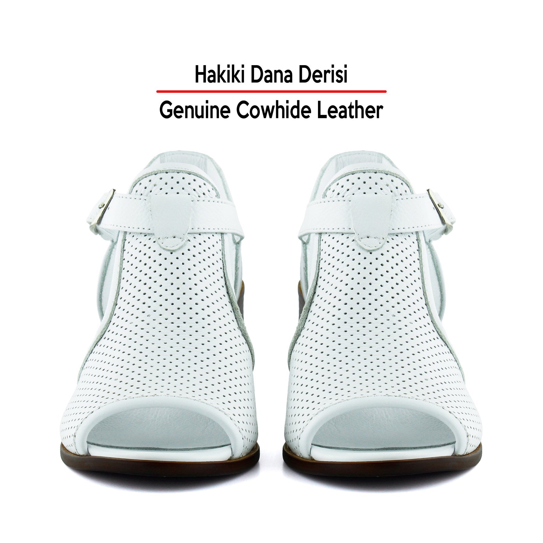 Elena Beyaz Hakiki Dana Derisi Önü Arkası Açık Delik Detaylı Kalın Topuklu Rahat Günlük Sandalet