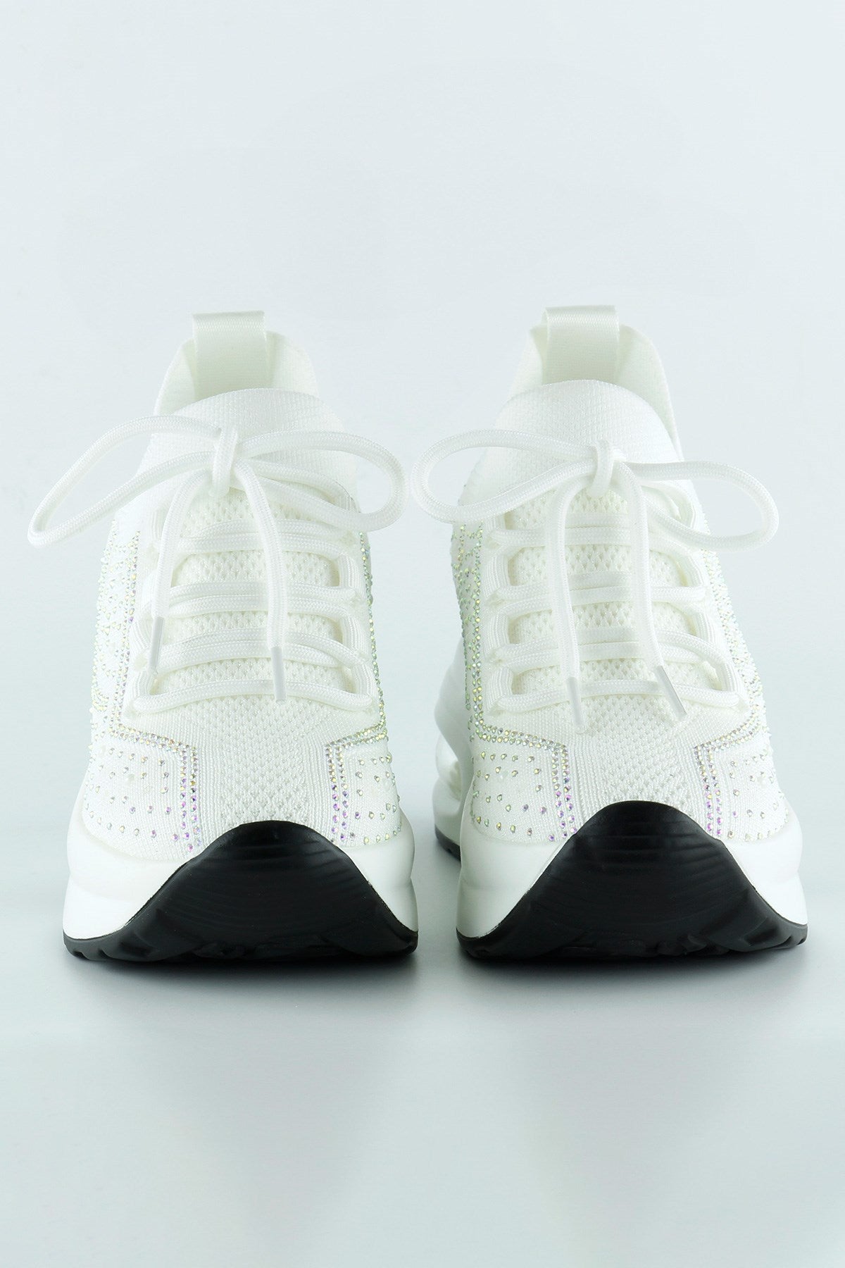 [5035] Beyaz Örgü Dokuma Kristal Taşlı Bağcıklı Hava Yastıklı Taban Gizli Dolgu Slip-on Sneaker