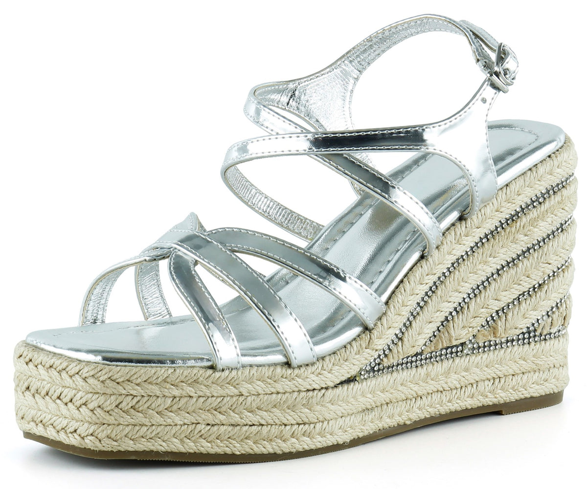 [7002] Gümüş Rugan Çapraz Bantlı Taşlı Zikzak Örgü Jüt Platform Topuklu Sandalet