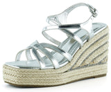[7002] Gümüş Rugan Çapraz Bantlı Taşlı Zikzak Örgü Jüt Platform Topuklu Sandalet