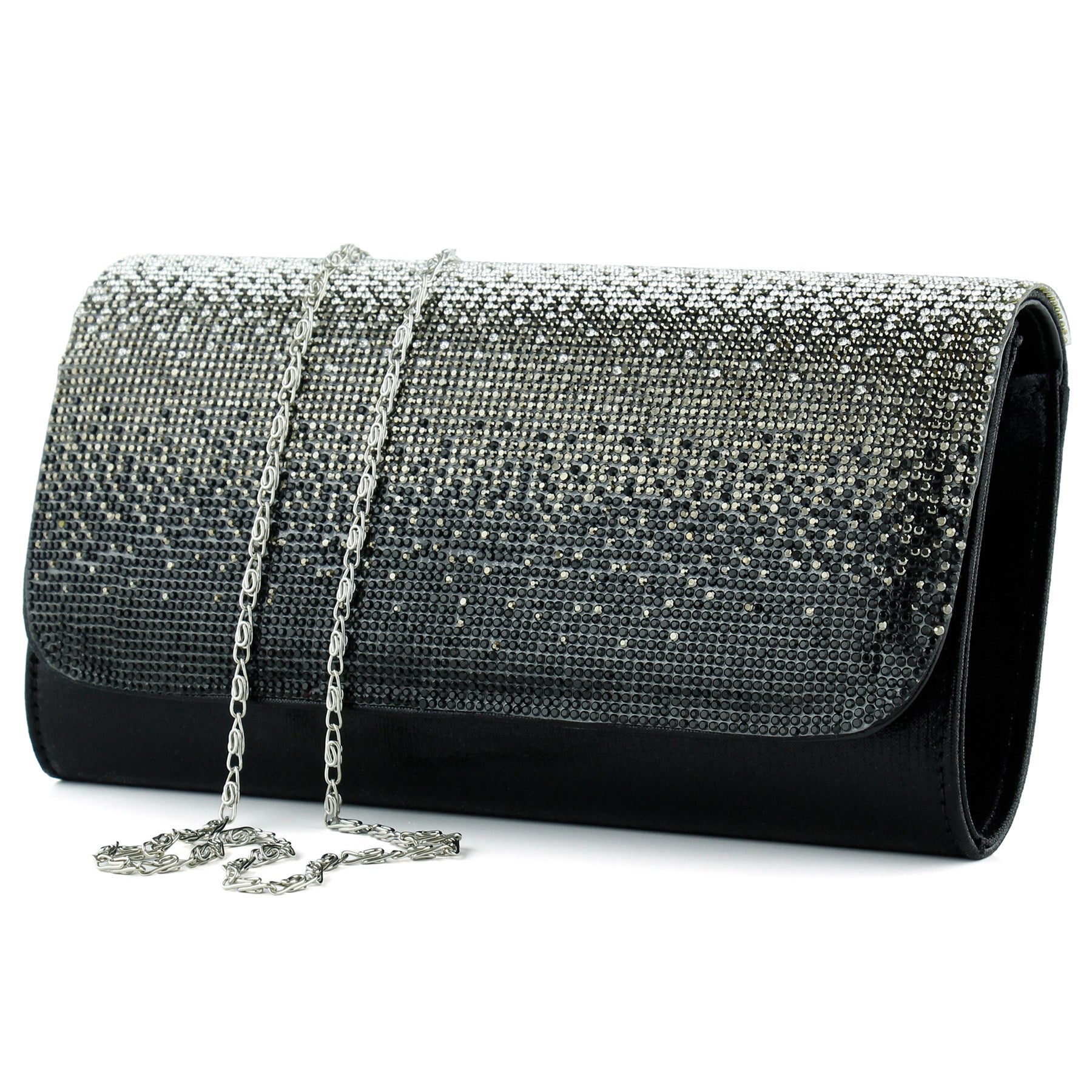 (ES0019AC) Siyah Degrade Kristal Taşlı Zincir Askılı Manyetik Kapaklı Abiye El Çantası