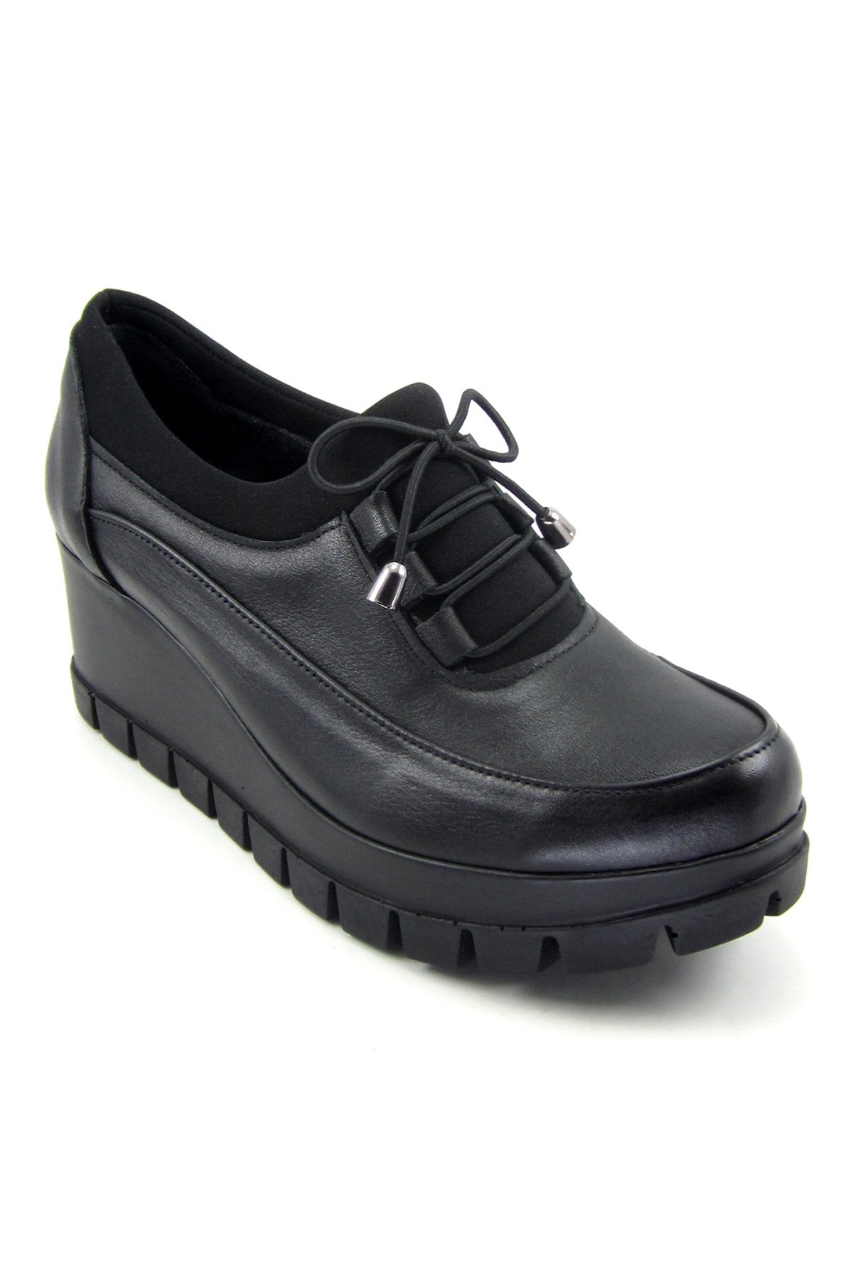 Olympia Siyah Hakiki Deri Dolgu Topuklu Günlük Ayakkabı