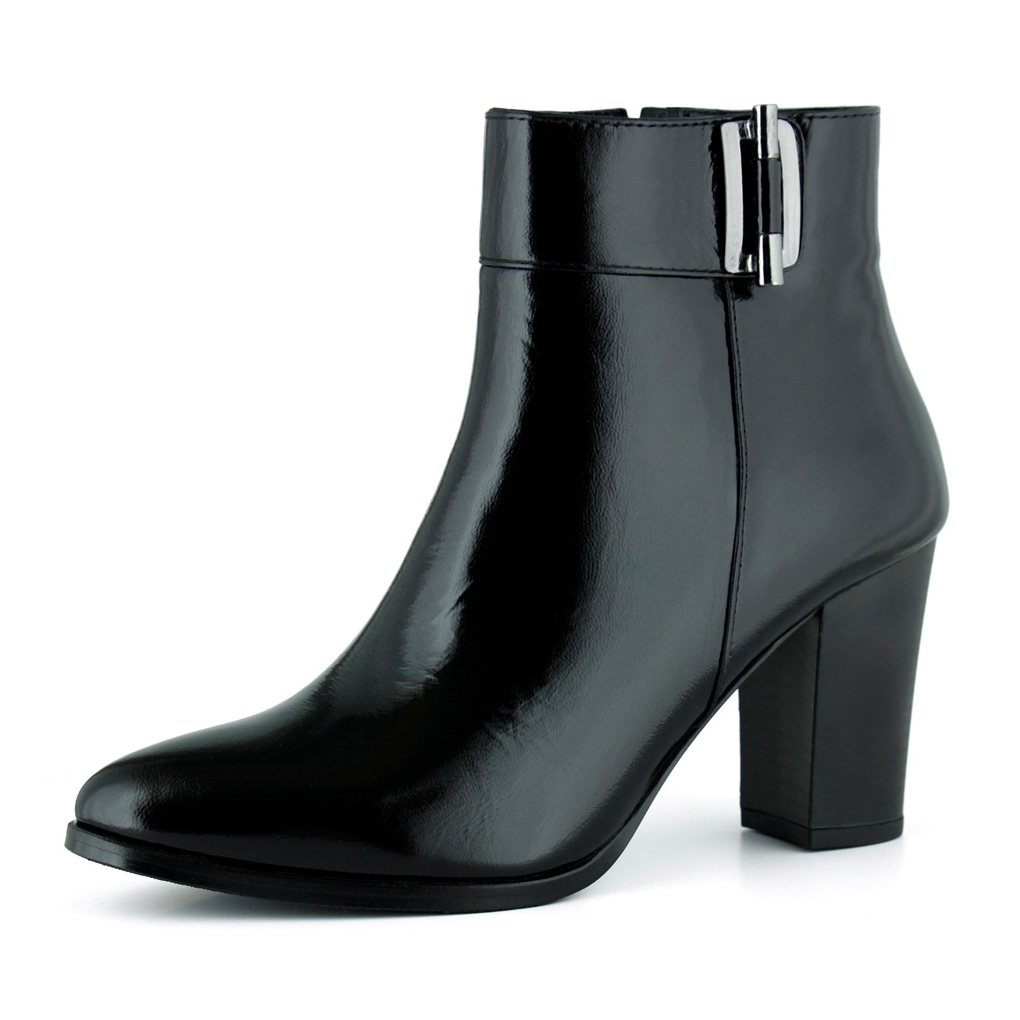 [MAX 150] Siyah Rugan Hakiki Dana Derisi Tokalı Fermuarlı Sivri Burun Kalın Topuklu Günlük Bot