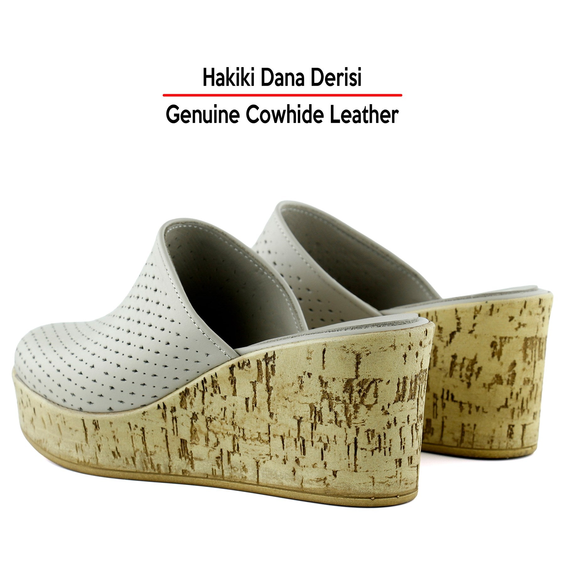 Aria Vizon Hakiki Dana Derisi Önü Kapalı Mantar Taban Görünümlü Dolgu Topuklu Terlik