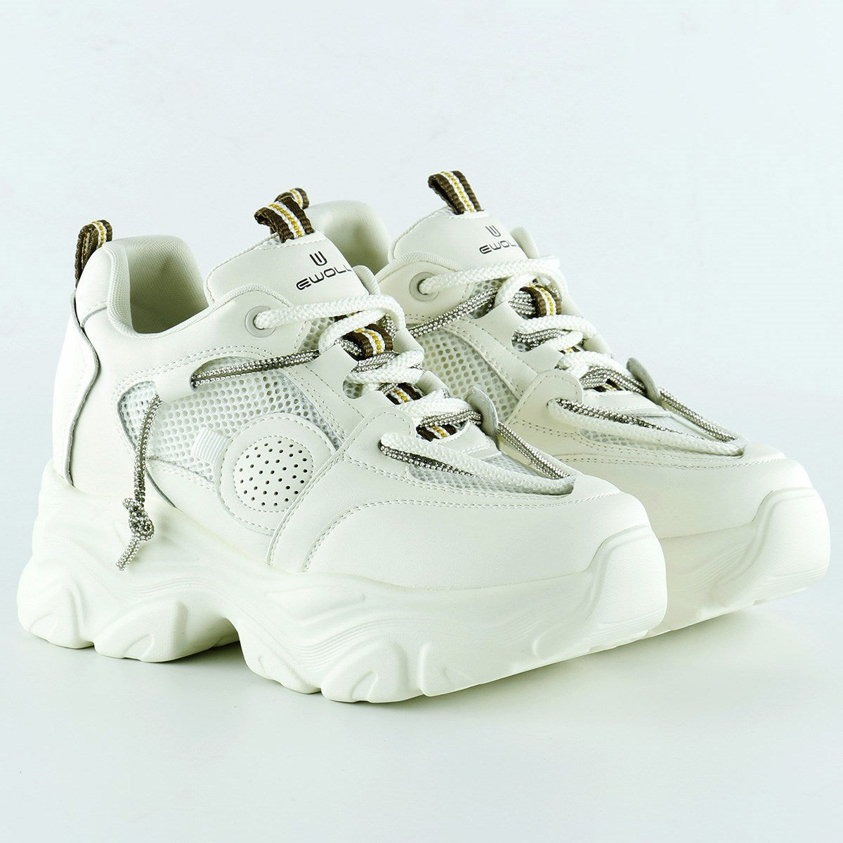 [5038] Ekru Yüksek Taban Spor Fileli Taşlı Bağcıklı Platform Sneaker