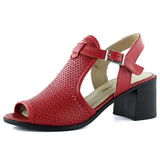 Elena Kırmızı Hakiki Dana Derisi Önü Arkası Açık Delik Detaylı Kalın Topuklu Rahat Günlük Sandalet