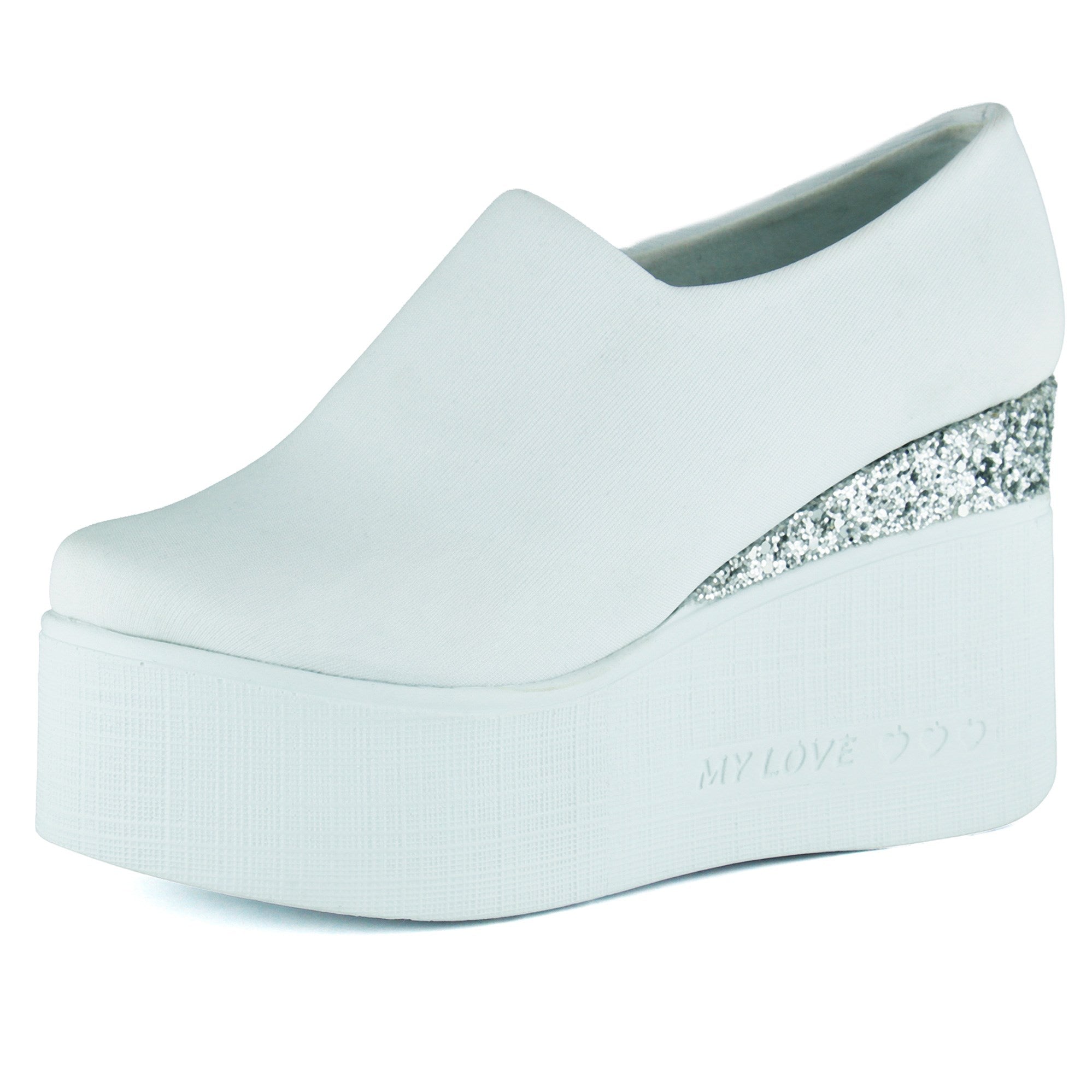 Lumi Beyaz Streç Yuvarlak Burun Taşlı Gizli Dolgu Topuklu Günlük Ayakkabı