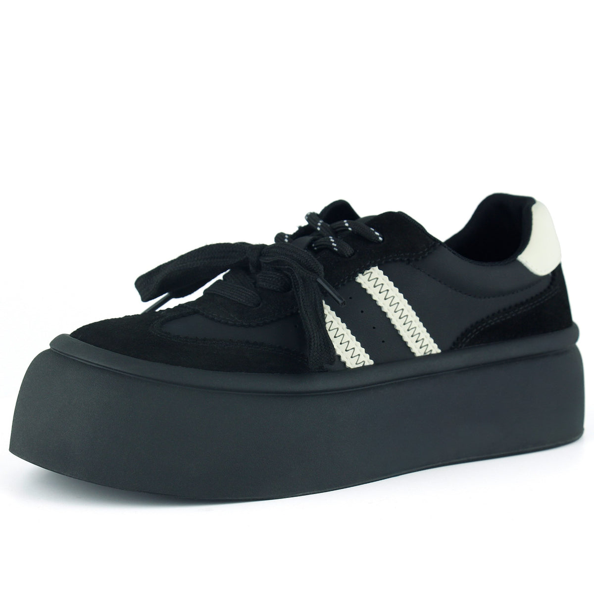 [261-BDL2000] Siyah Vegan Çift Bağcıklı Yuvarlak Burun Flatform Taban Günlük Sneaker Spor Ayakkabı