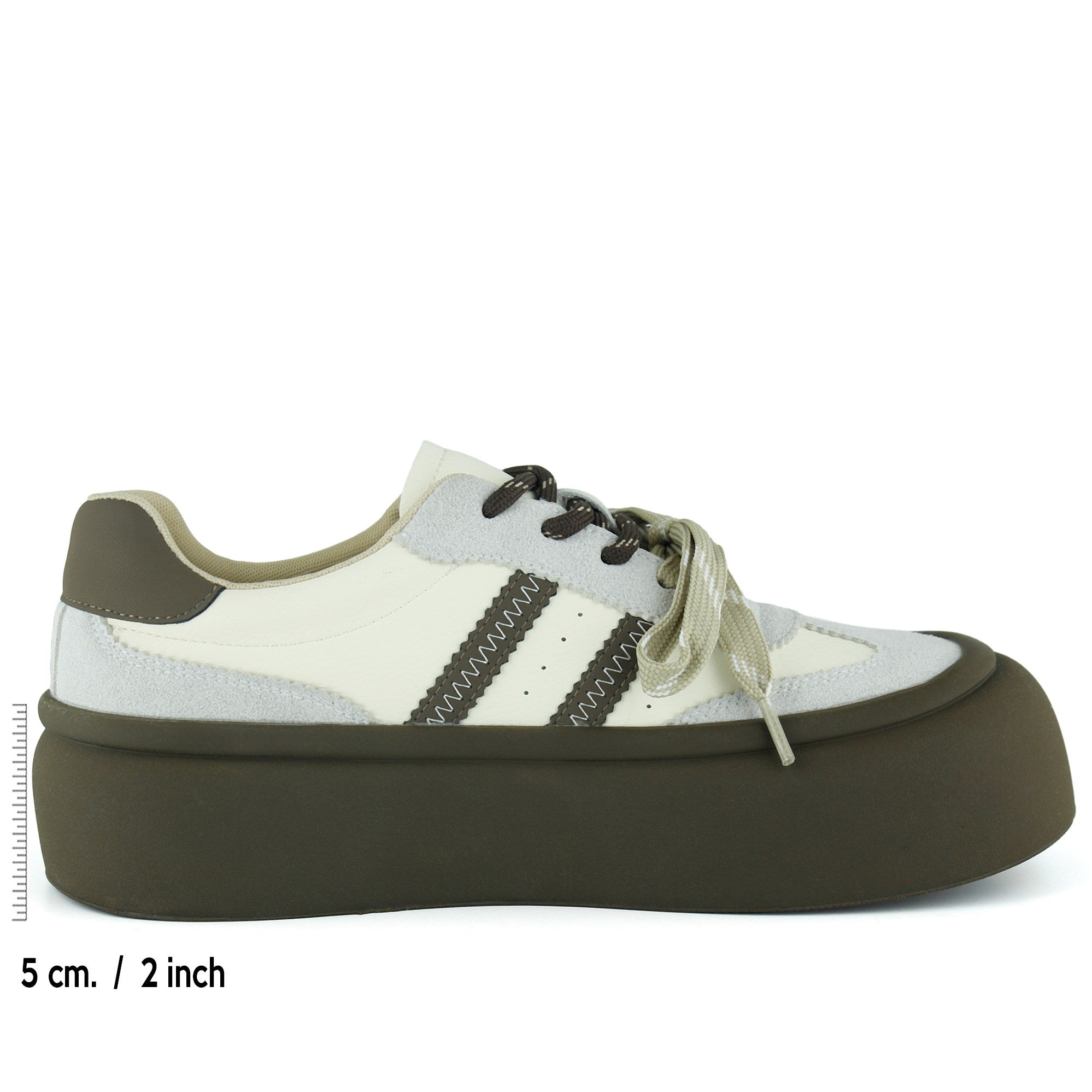 [261-BDL2000] Gri Kahve Vegan Çift Bağcıklı Yuvarlak Burun Flatform Taban Günlük Sneaker Spor Ayakkabı