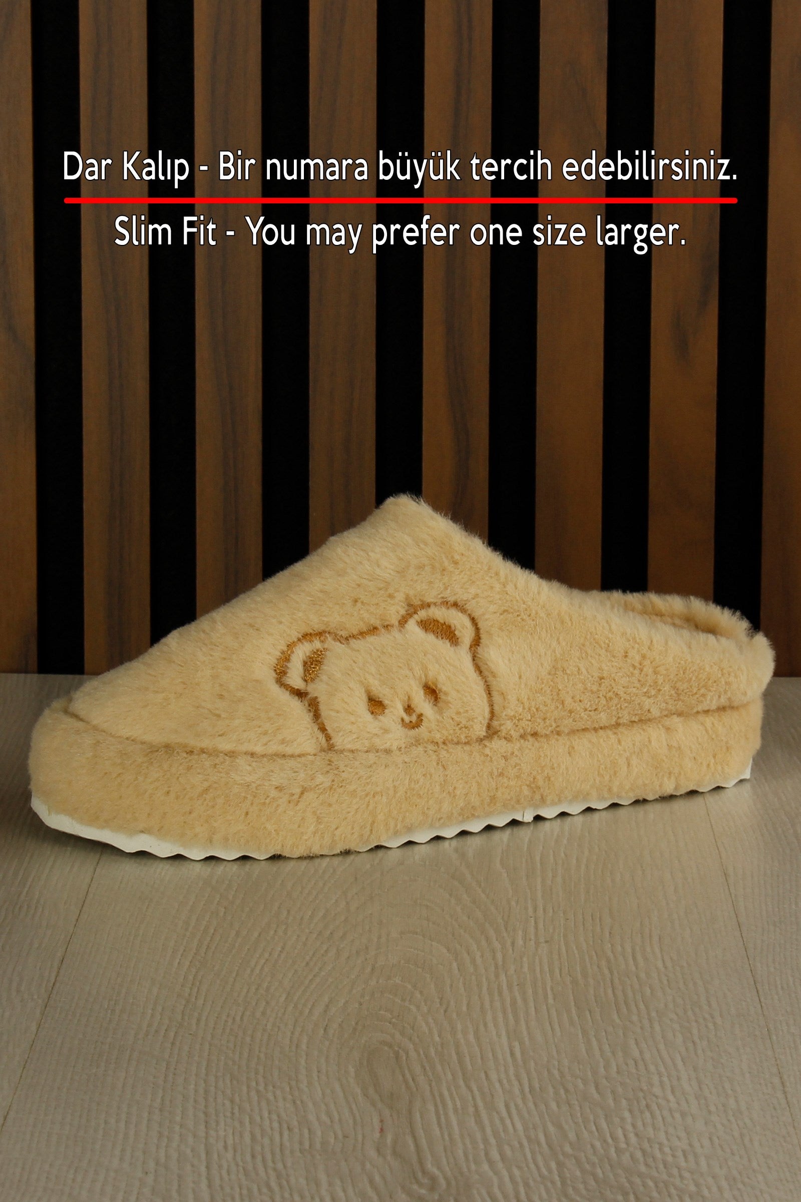 Clara Cappuccino Pelüş - DAR KALIP - Ayıcık Desenli Kalın Düz Tabanlı Sessiz Kadın Ev Terliği