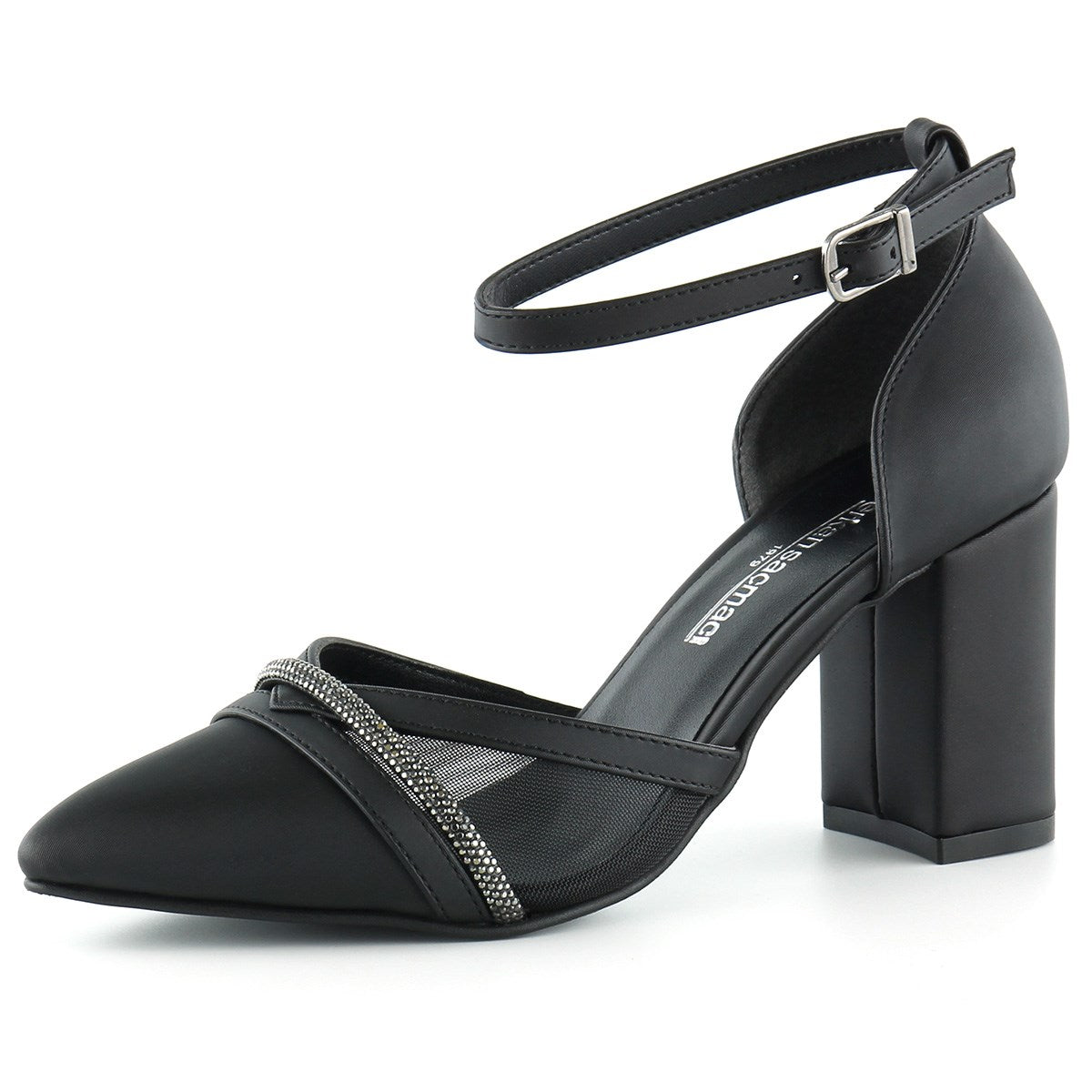 Molly Siyah Saten Taşlı Fileli Kalın Topuklu Ayakkabı