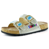 [7048] Beyaz Sabit Çift Bantlı Renkli Taşlı Boncuklu Mantar Taban Görünümlü Terlik