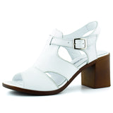 Svajone Beyaz Hakiki Dana Derisi Kesik Detaylı Tokalı Kalın Topuklu Rahat Günlük Sandalet