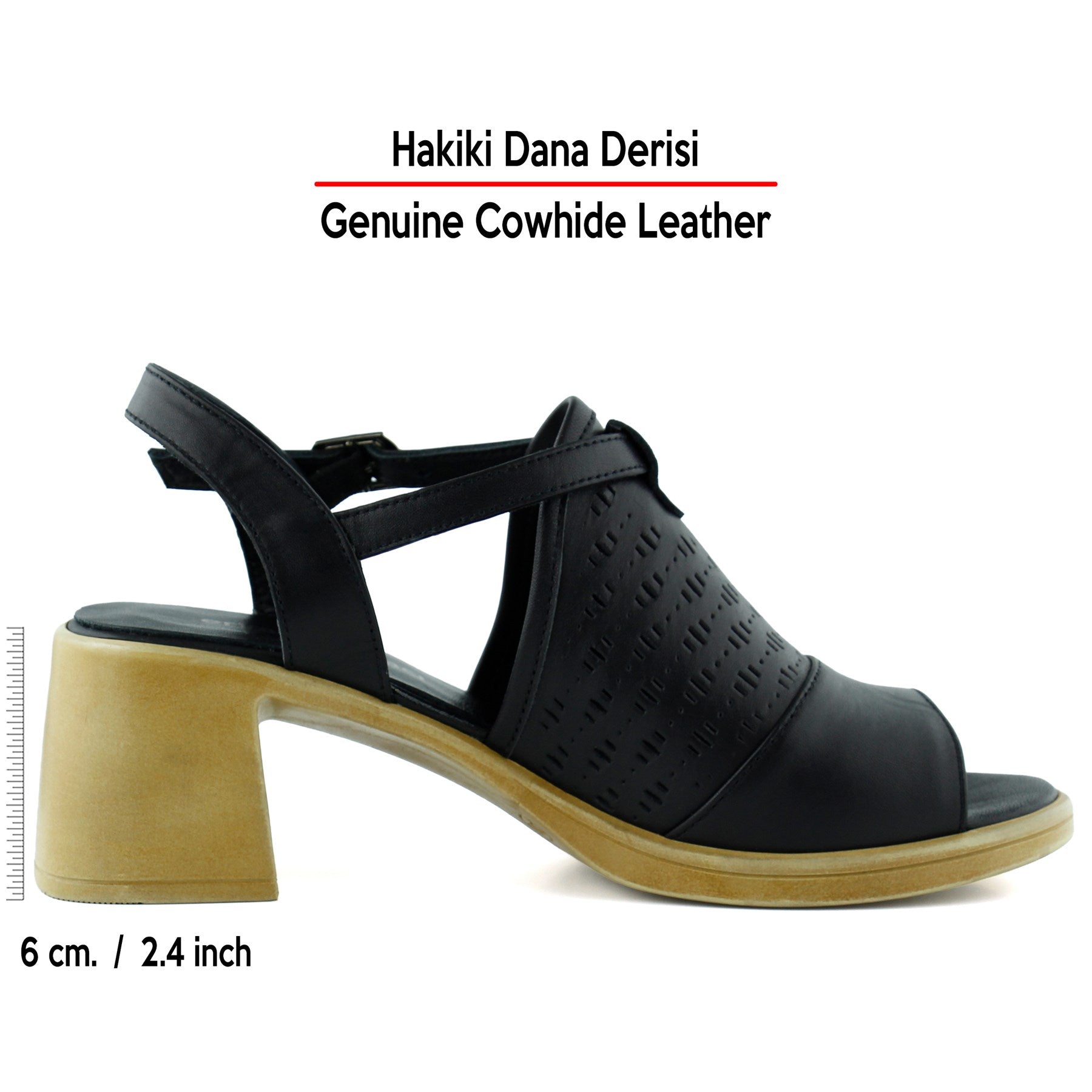 Amanda Siyah Hakiki Dana Derisi Kesik Detaylı Ayarlanabilir Tokalı Kalın Topuklu Günlük Sandalet