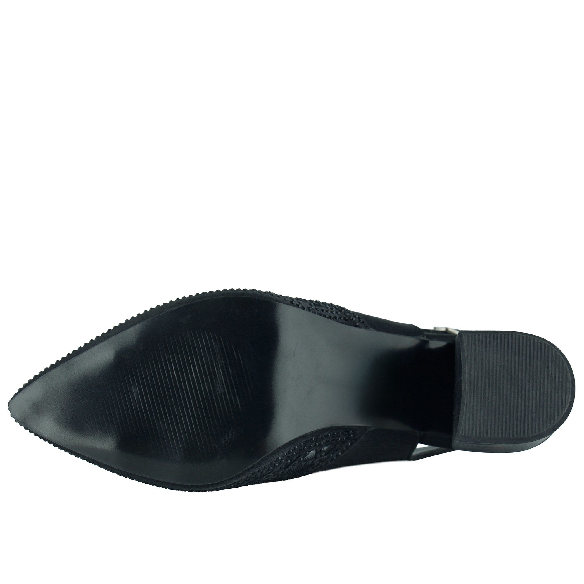 Estelle Siyah Saten Taşlı Fileli Sivri Burun Kalın Topuklu Arkası Açık Abiye Ayakkabı