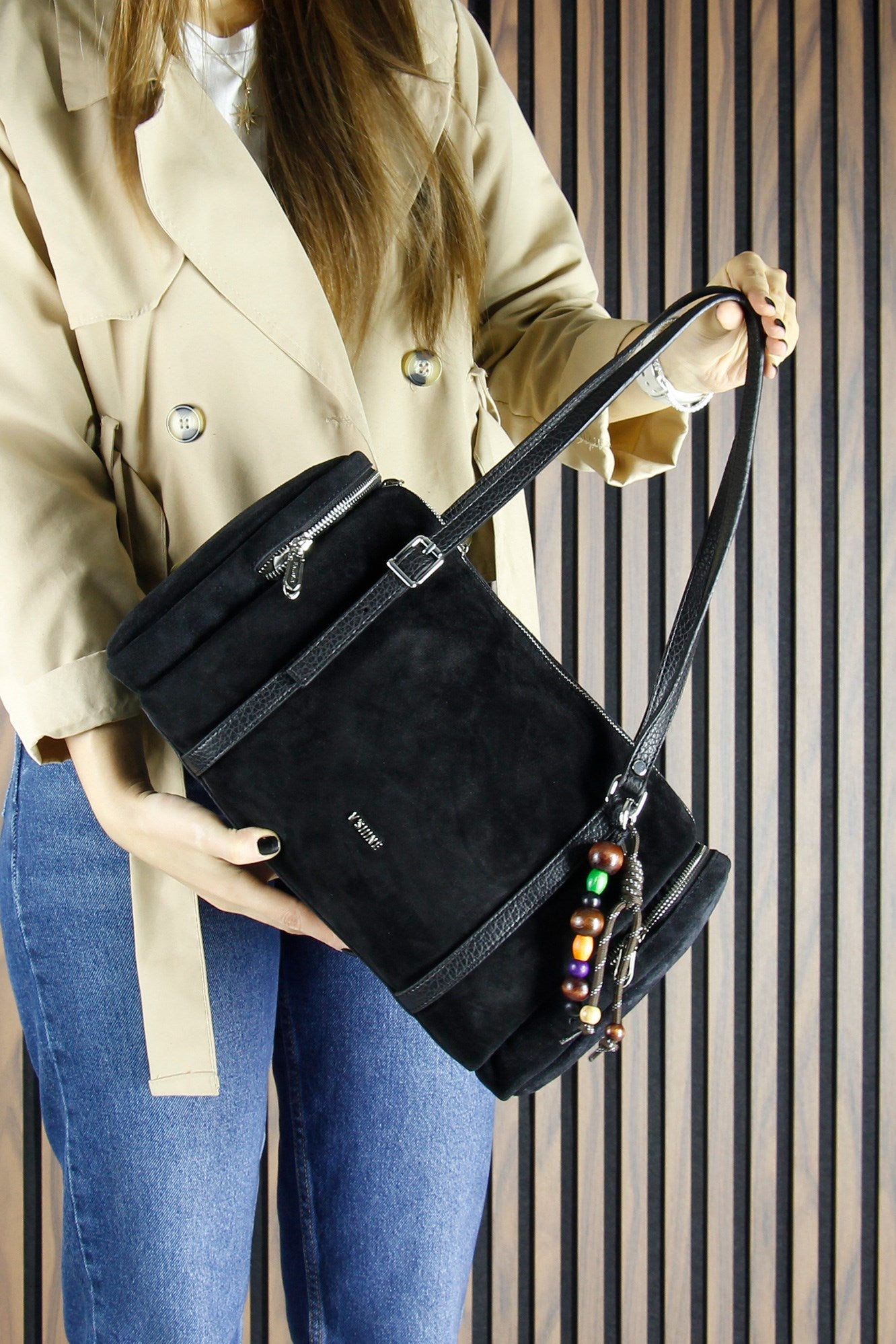 (VSN5020OC) Siyah Hakiki Dana Süet Fermuarlı Üç Bölmeli Boncuk Aksesuarlı Günlük Büyük Boy Omuz Çantası