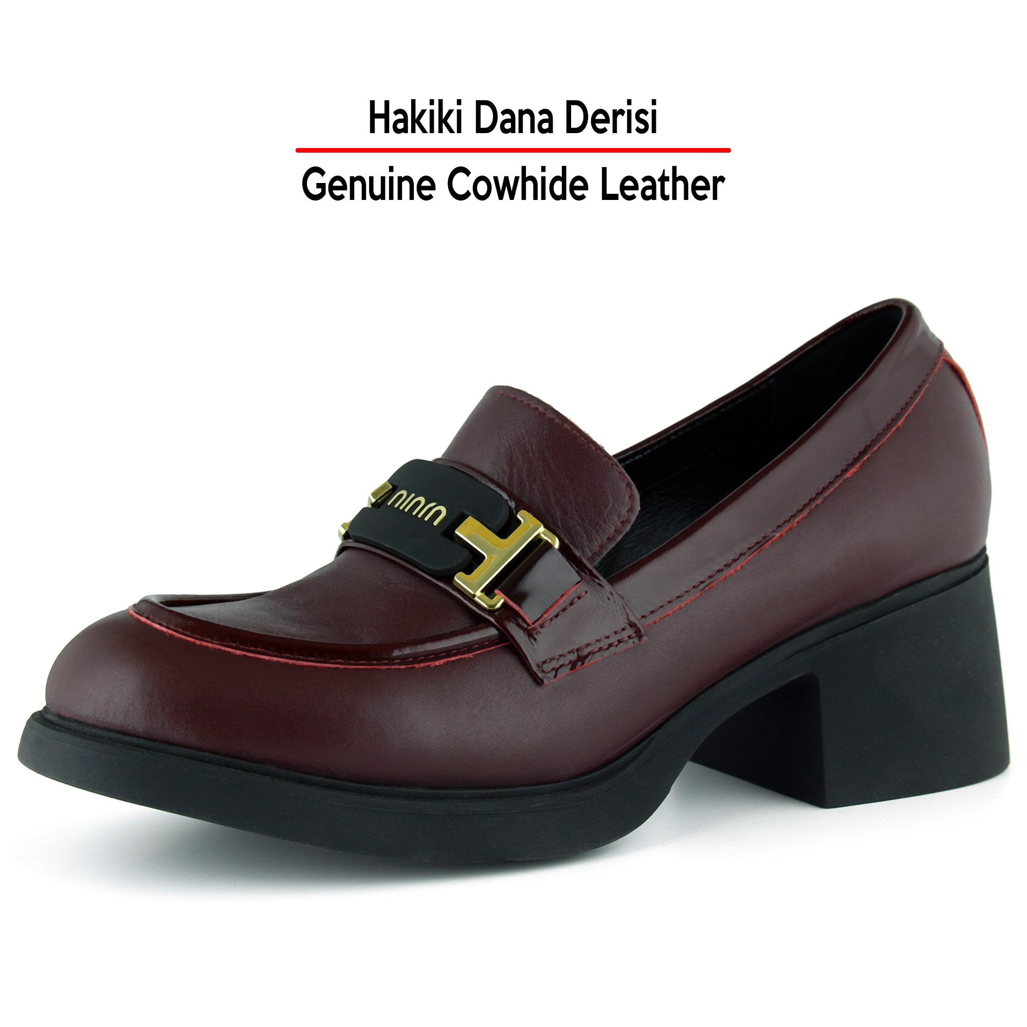 [MAX 54-133] Bordo Hakiki Dana Derisi Rugan Detaylı Tokalı Kalın Topuklu Günlük Loafer Ayakkabı