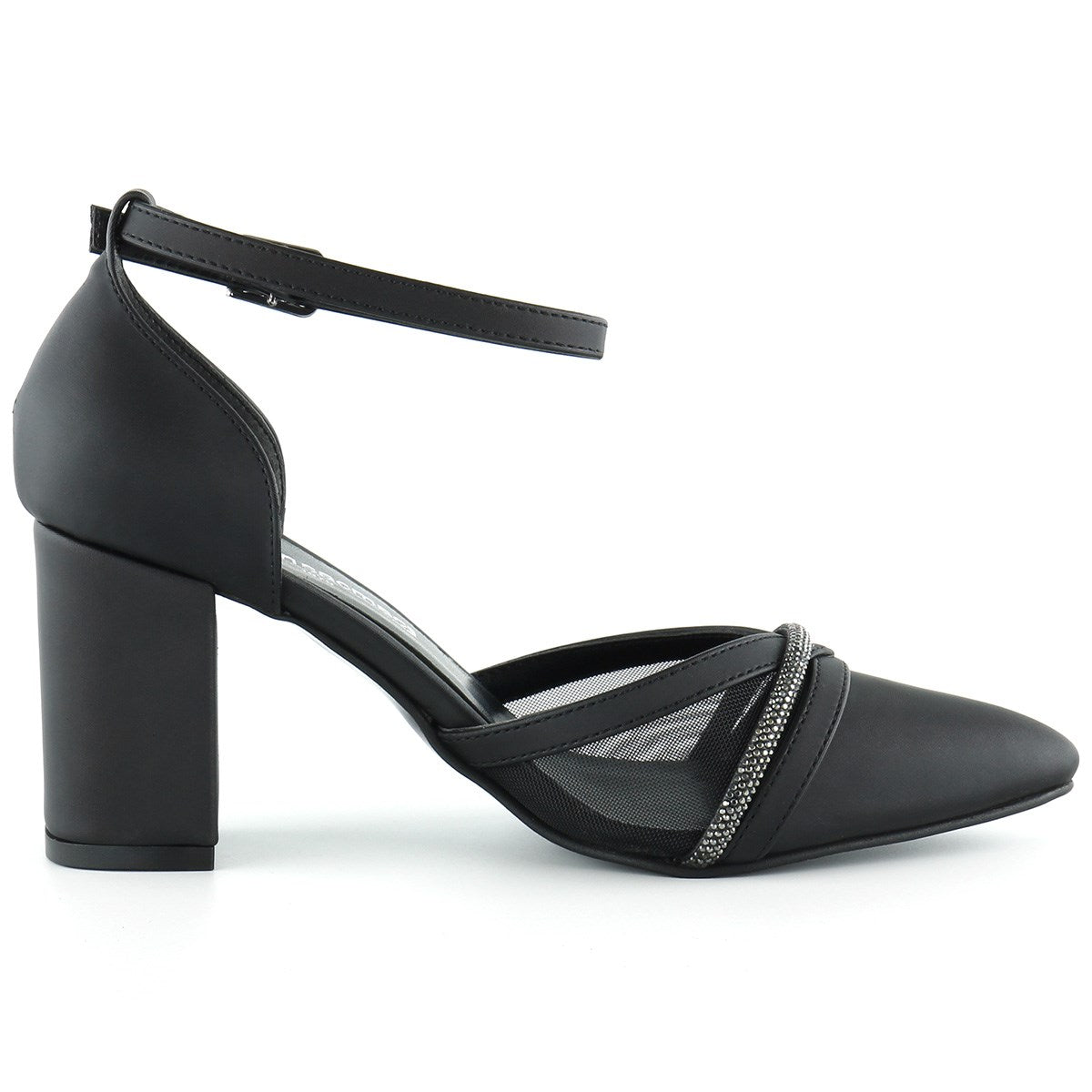Molly Siyah Saten Taşlı Fileli Kalın Topuklu Ayakkabı
