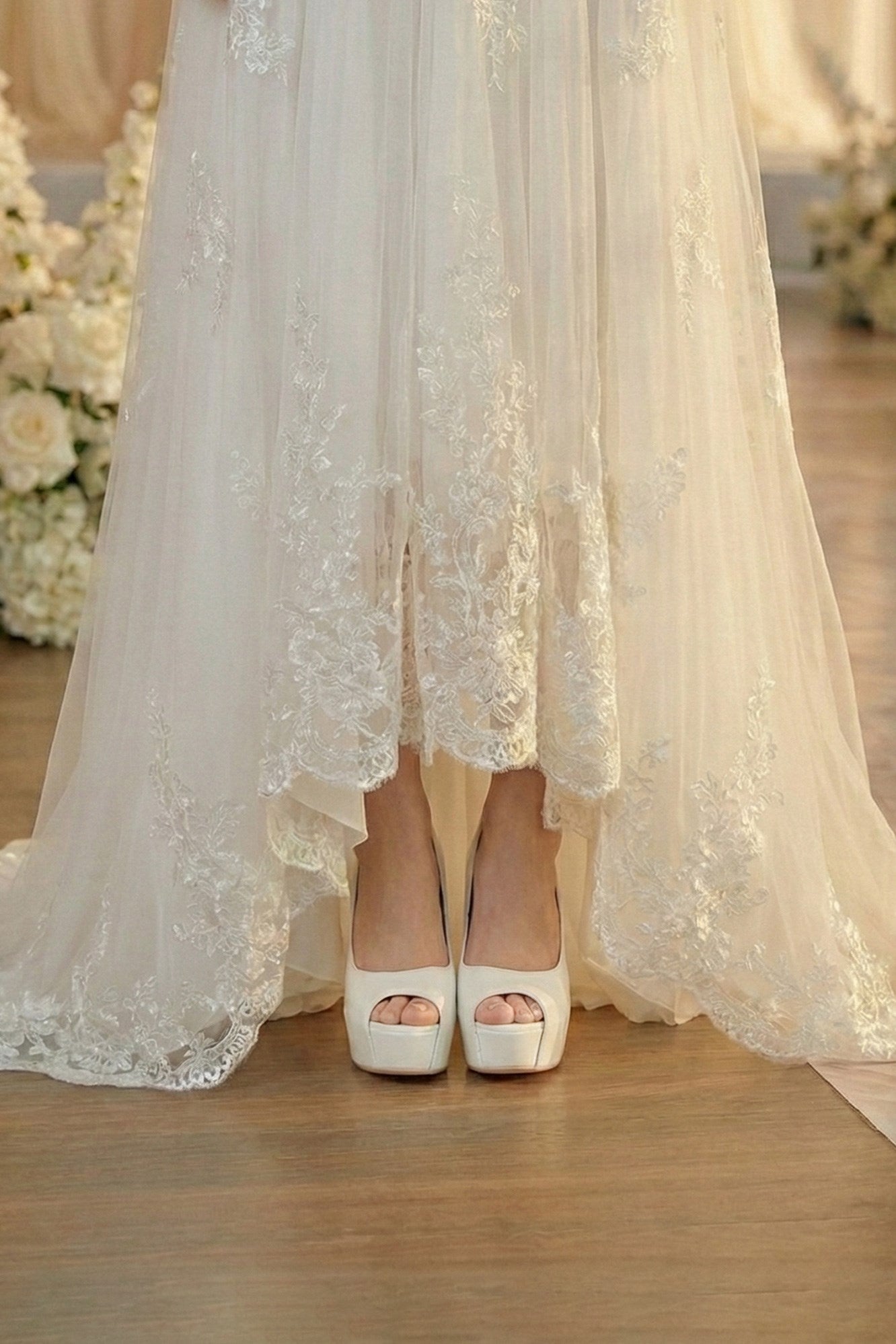 Carolina Beyaz Vegan Önü Açık Yuvarlak Burun Kalın Platform Topuklu Abiye Gelin Ayakkabısı