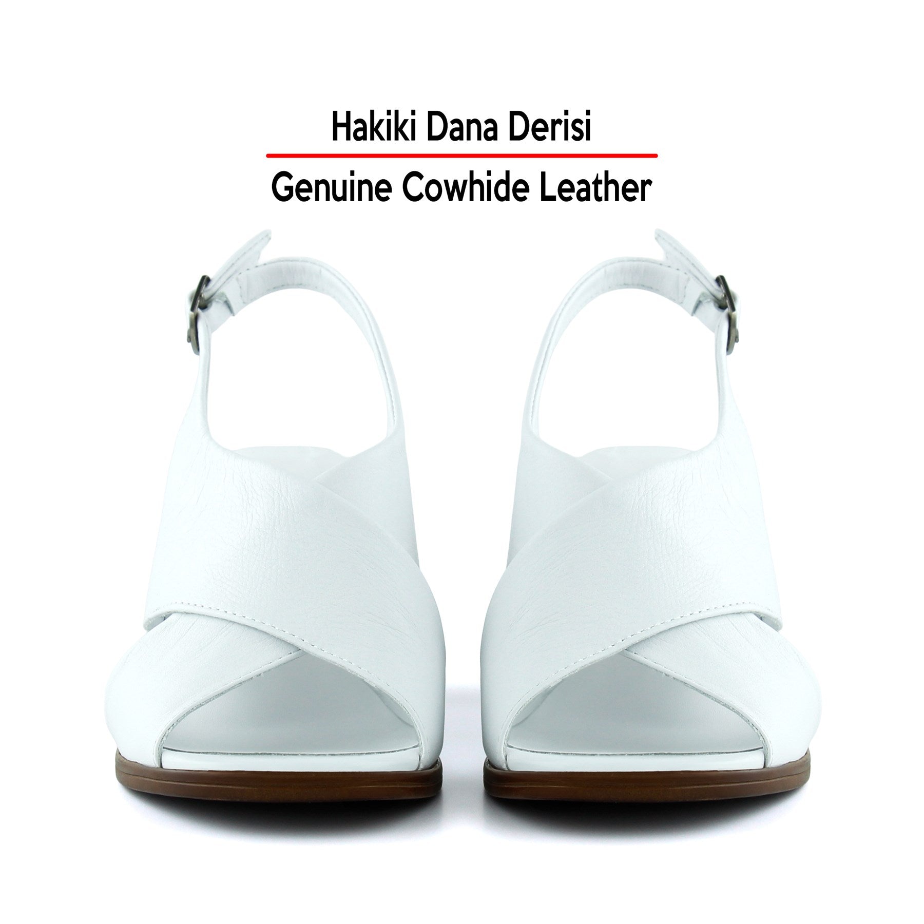 Soleil Beyaz Hakiki Dana Derisi Çapraz Bantlı Kalın Topuklu Rahat Günlük Sandalet