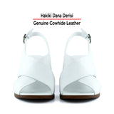 Soleil Beyaz Hakiki Dana Derisi Çapraz Bantlı Kalın Topuklu Rahat Günlük Sandalet