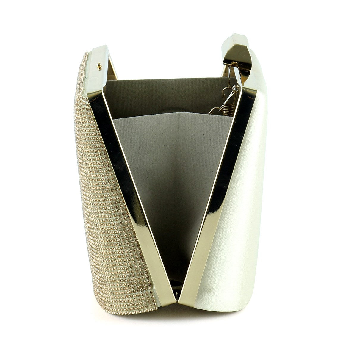 Altın Saten Kristal Taşlı Metal Saplı Zincir Askılı Abiye Çanta ( ES0011AC )