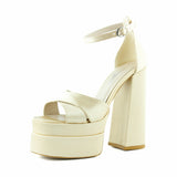 Celine Ten Saten Önü Açık Çapraz Bantlı Çift Platformlu Kalın Topuklu Abiye Ayakkabı